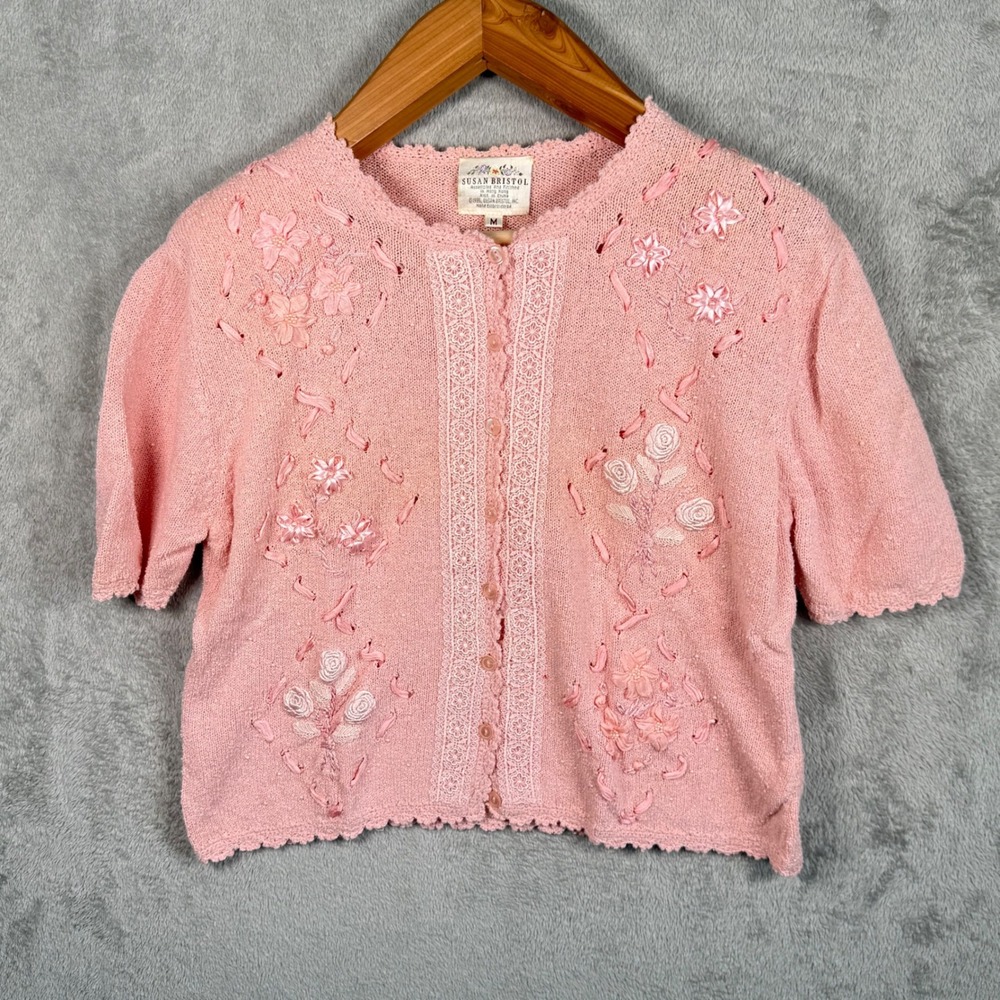 Susan Bristol Cardigan M Pink Floral Hand Embroidered Lace Knit Top Ramie 80s